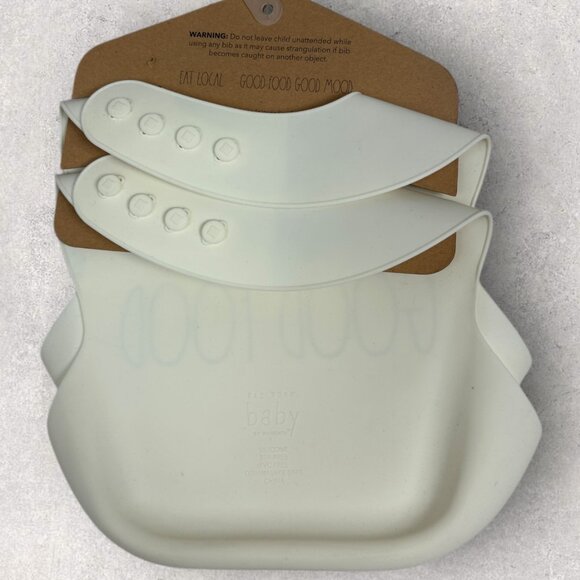 NWT Rae‎ Dunn Baby by Magenta Set of Two Silicone Bibs Eat Local Good Mood White - Picture 2 of 6